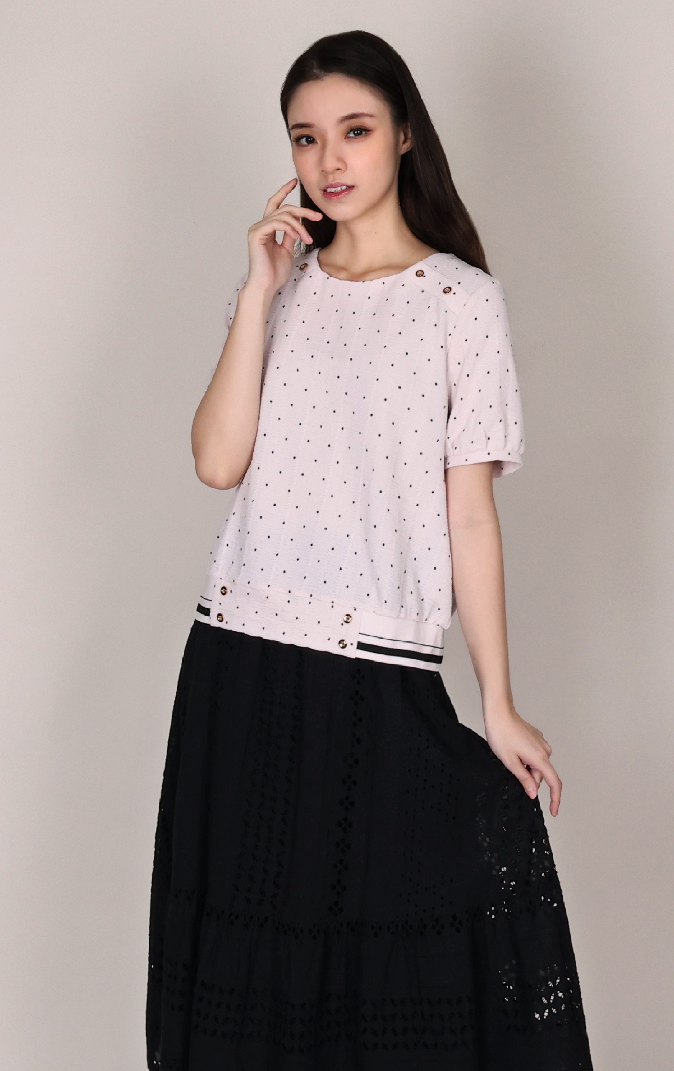 Polka Dot Embossed Top with Metal Buckle Detail ST0931