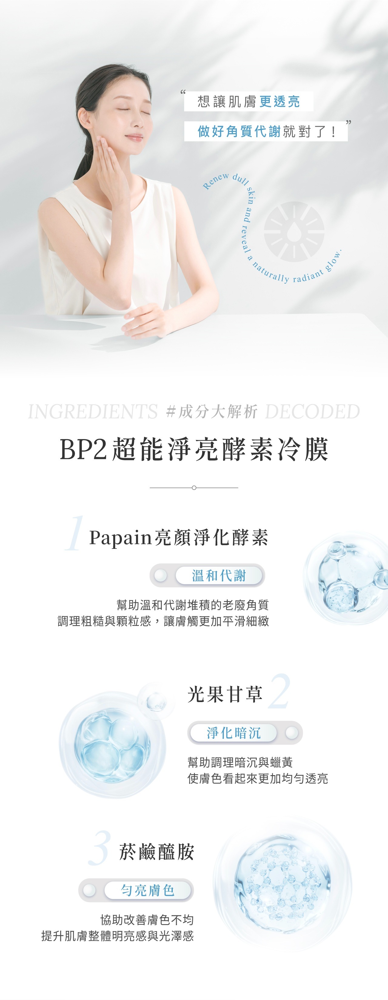 BP2超能淨亮酵素冷膜添加Papain亮顏淨化酵素、光果甘草與菸鹼醯胺三重淨亮成分