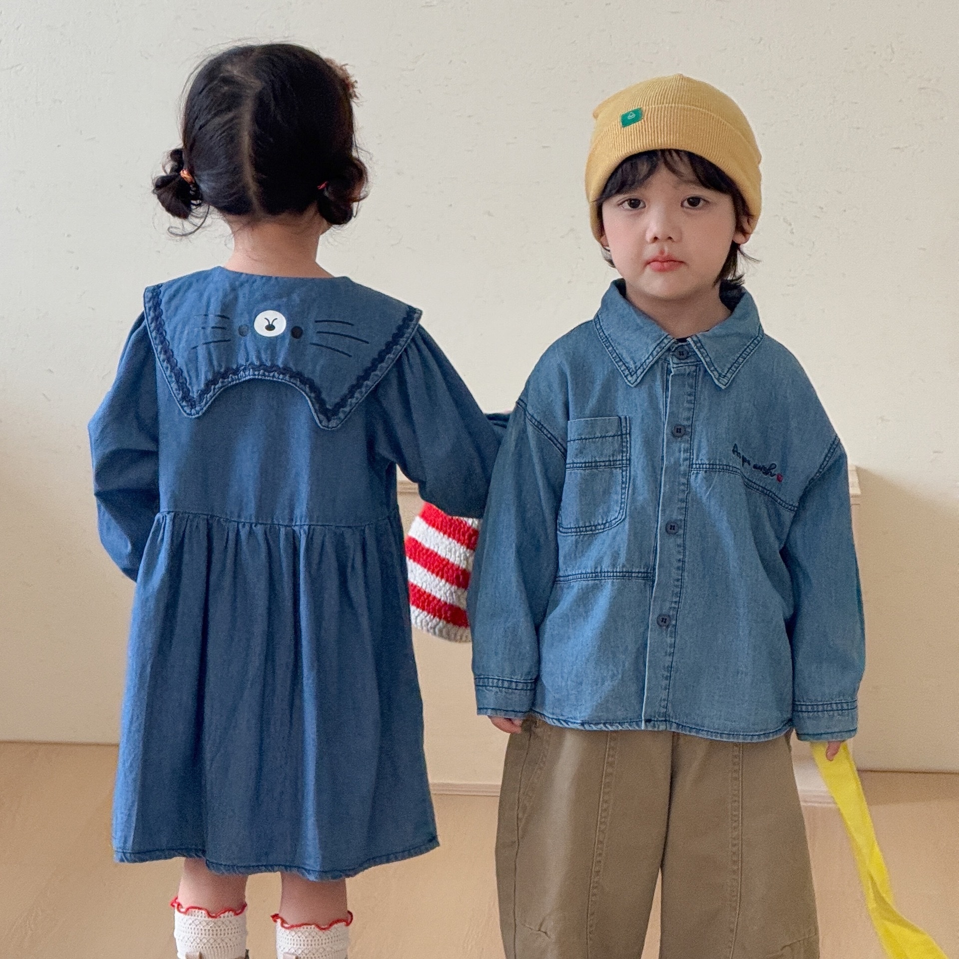 兄弟姐妹一起穿_刺繡牛仔襯衫/貓咪牛仔洋裝