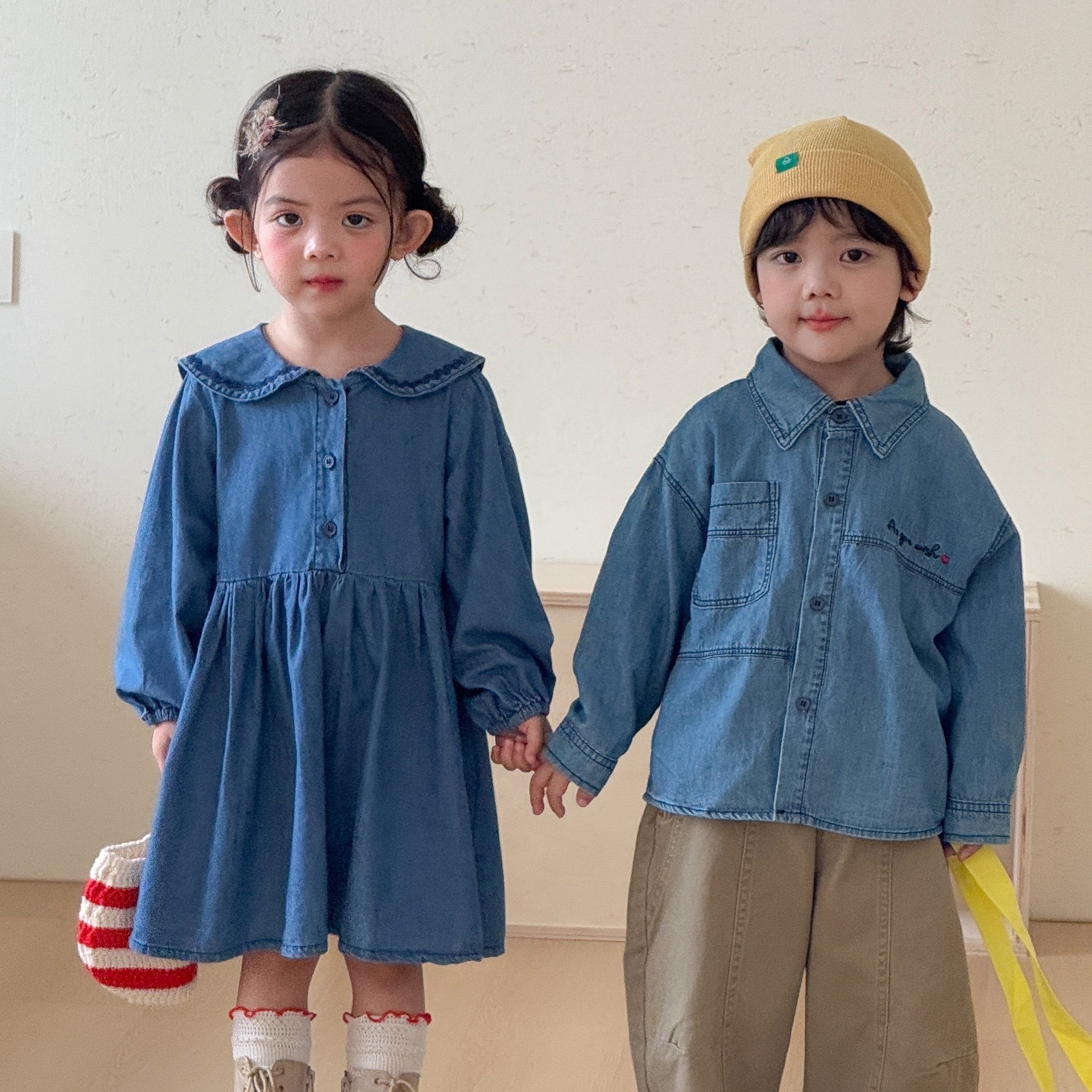 兄弟姐妹一起穿_刺繡牛仔襯衫/貓咪牛仔洋裝