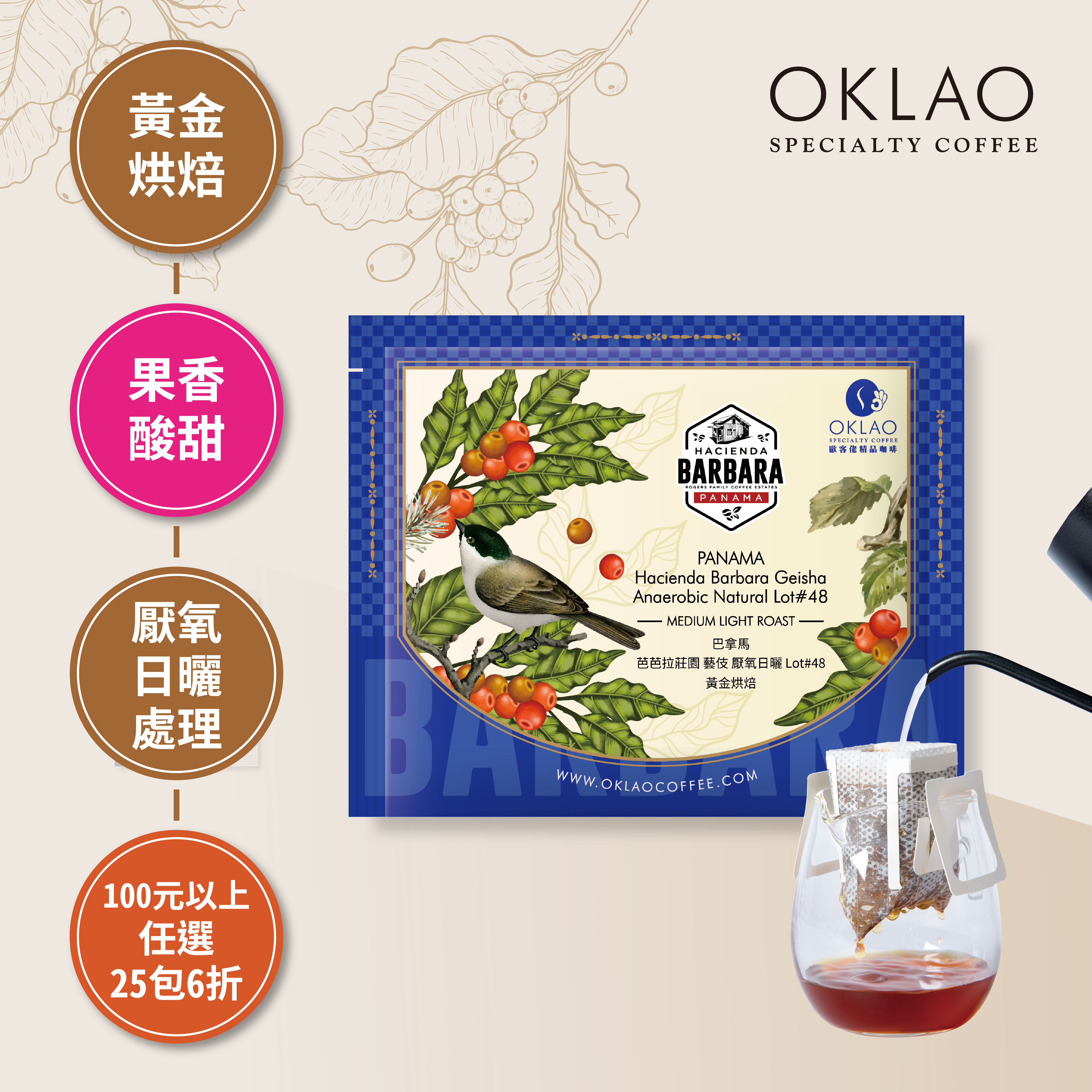巴拿馬 芭芭拉莊園 藝伎 厭氧日曬 Lot#48 濾掛咖啡(10g/包)｜黃金烘焙