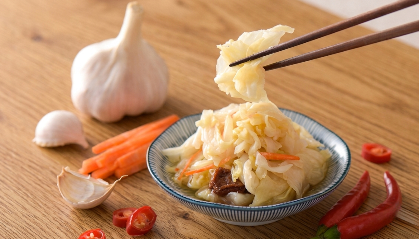 協發行泡菜「台式糖醋泡菜」罐裝與金黃晶瑩的梨山高麗菜特寫,展現清脆爆汁與白話梅台醋醬汁誘人色澤。
