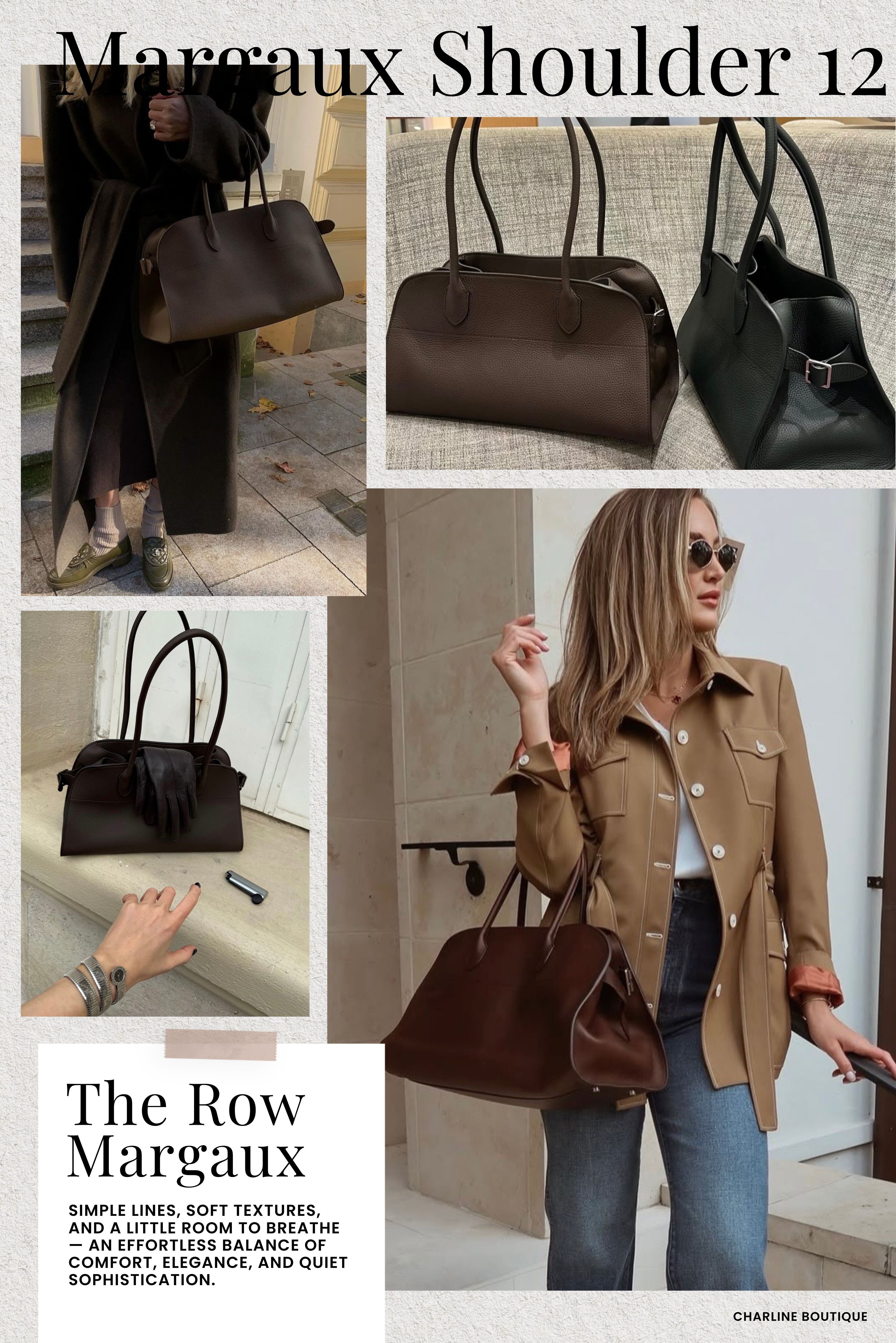 Margaux Shoulder 12｜肩背派的解方  這款常常被忽略，但其實非常值得單獨拿出來講。因為真的有不少人看完 10、12、15 都覺得漂亮，最後卻還是會補一句：「可是我真的不習慣一直手提包包欸。」  那就不用勉強自己。Margaux Shoulder 12 本來就是更偏向肩背使用的版本，跟 Soft Margaux 12 的高度差不多，但包身明顯更寬、更薄。最有感的其實不是「變寬」，而是包底薄了很多，所以掛在身側時，不會有傳統 Margaux 那種比較厚的存在感，提把也比較長，上肩時自然很多，不需要一直卡在腋下調位置。  **與其問 Soft Margaux 12 跟 Shoulder 12 哪一顆比較好，不如先問自己：平常到底怎麼拿包？**喜歡經典 Margaux 的立體輪廓，手提、手挽都沒問題，可以選 Soft Margaux 12；包包九成時間最後都會掛到肩膀上，那 Shoulder 12 很可能更符合您的習慣。至於容量，也不要被它比較寬的外型騙了，Shoulder 12 的包身偏薄，本來就不是設計來一直塞厚重物品的，但它真正好用的地方，是背起來更貼身，雙手也比較自由。  拿不定主意選 Soft Margaux 12 還是 Shoulder 12？直接把您平常出門的習慣告訴 Charline Boutique LINE，小編幫您一起判斷。