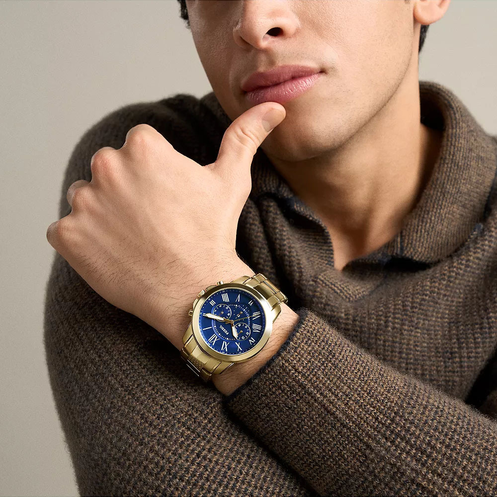 Grant 經典圓形金殼藍面羅馬字三眼對錶禮盒組 金色不鏽鋼錶帶 44MM & 36MM FS6200SET