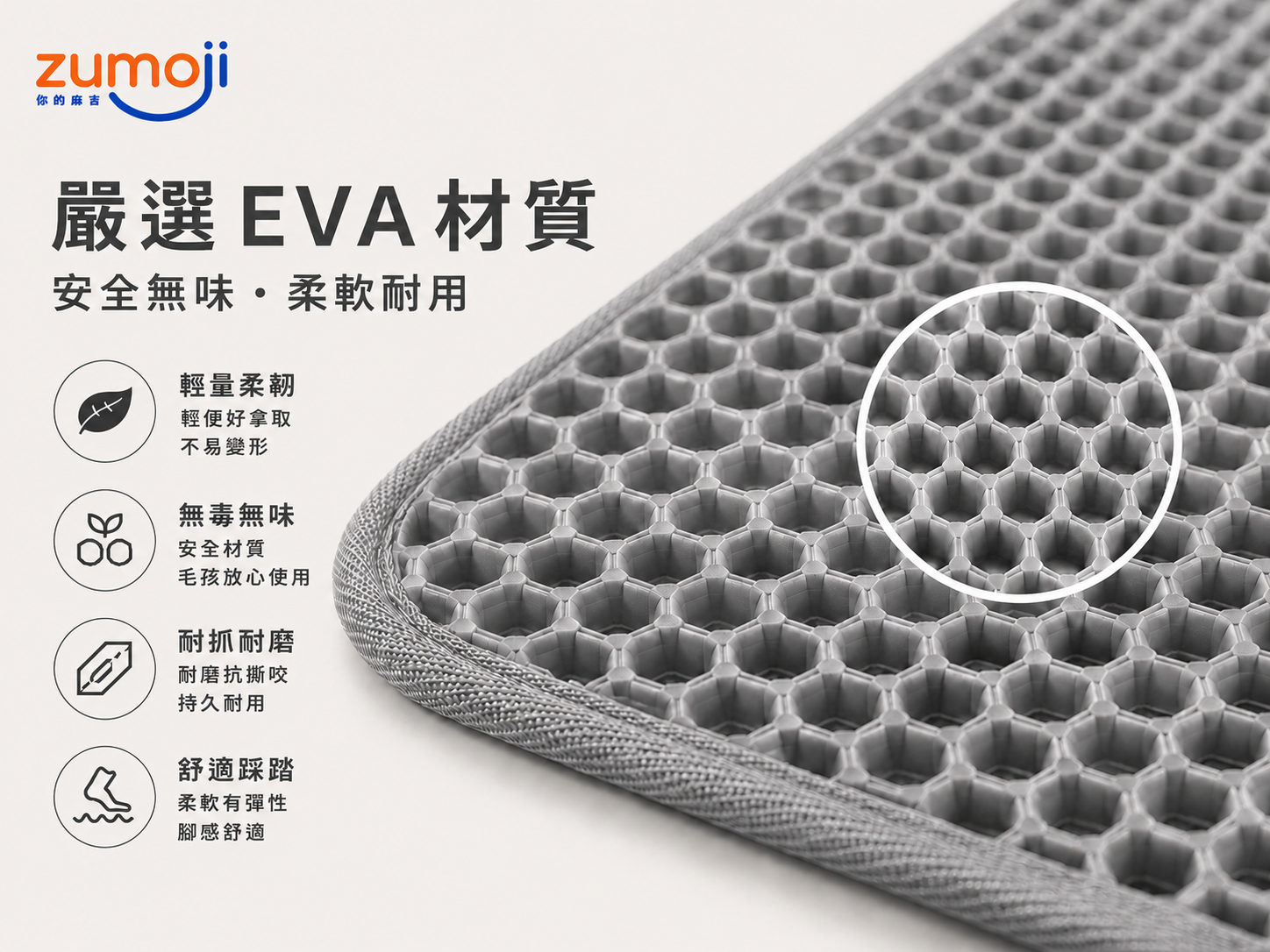 ZUMOJI 灰色雙層貓砂墊|EVA蜂巢材質 輕量柔韌 耐抓耐磨 舒適踩踏