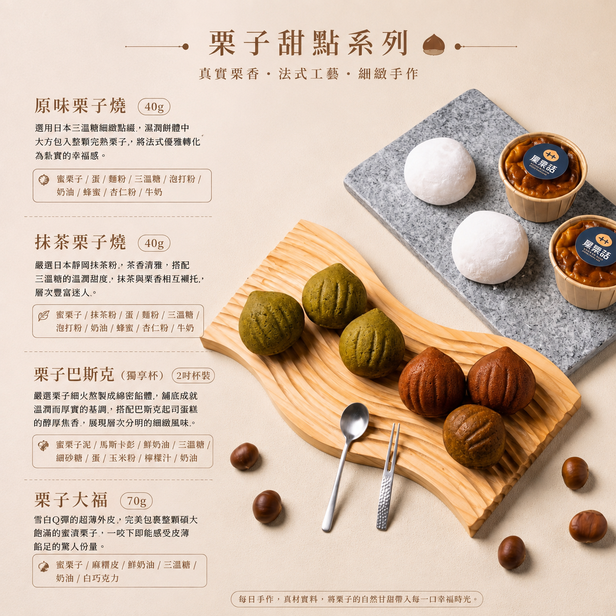 庫栗諾栗子甜點組合，包含原味栗子燒、抹茶栗子燒、栗子大福與栗子巴斯克，搭配整顆栗子與質感擺盤