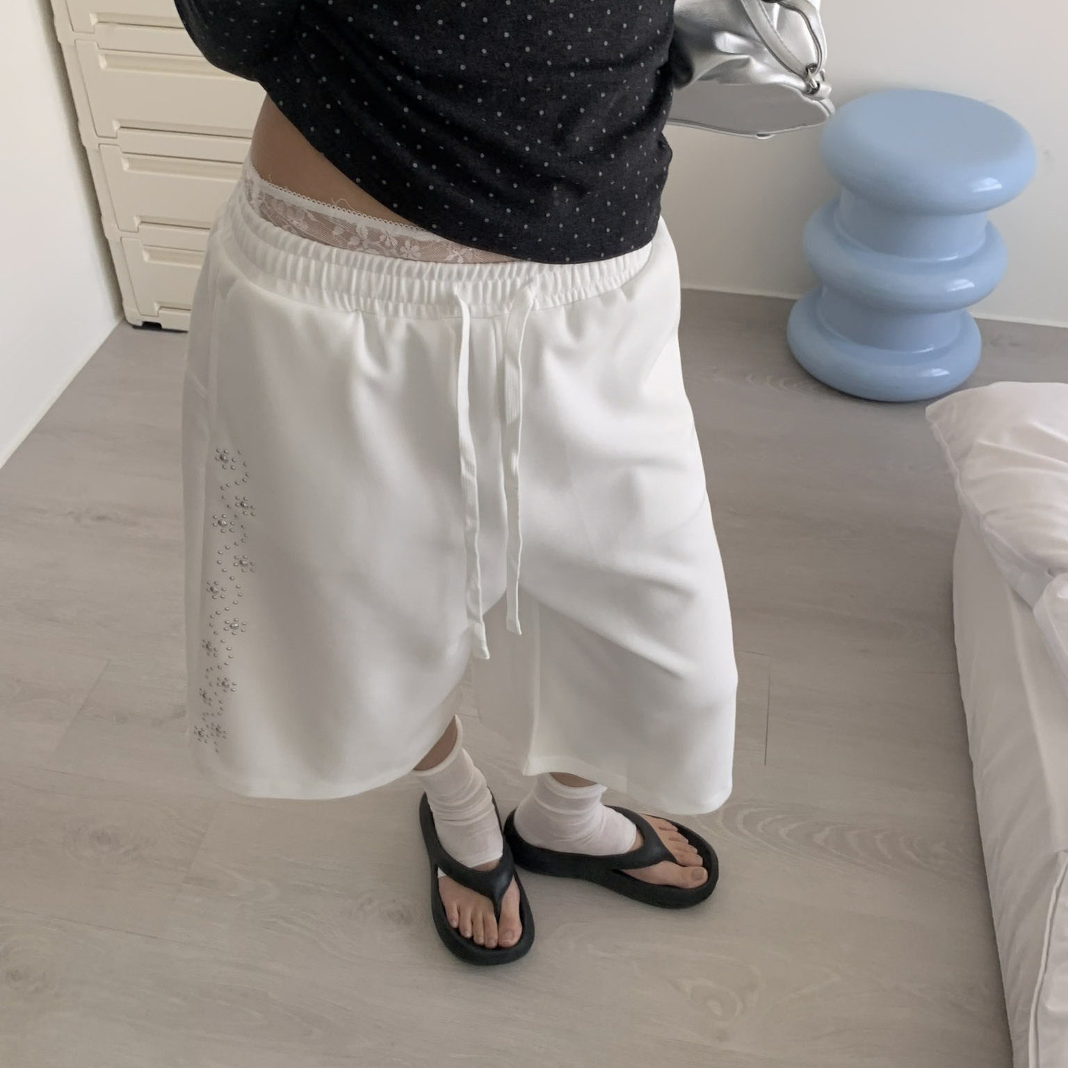 ISA_側面亮點(鉚釘!) 蕾絲抽繩七分棉褲_67016