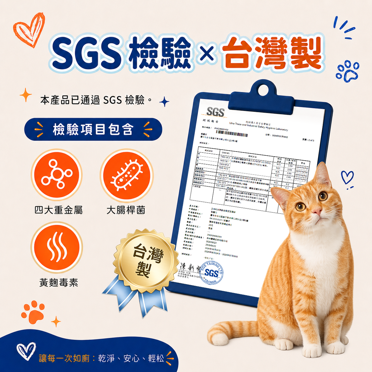 ZUMOJI 台灣製豆腐貓砂|SGS檢驗 四大重金屬 大腸桿菌 黃麴毒素檢測