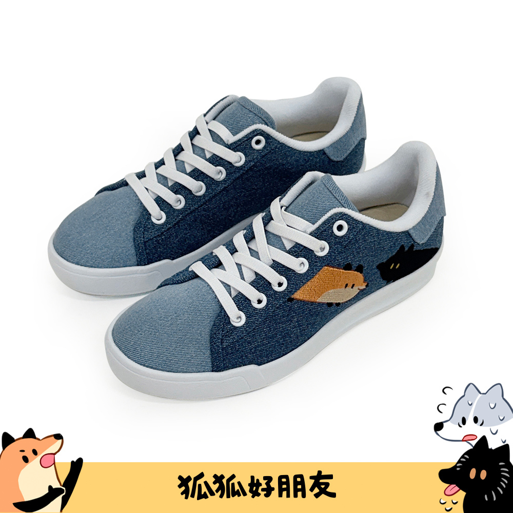Paidal x狐狐好朋友 橘狐與黑狐探頭免綁帶休閒鞋不彎腰輕運動鞋-牛仔藍