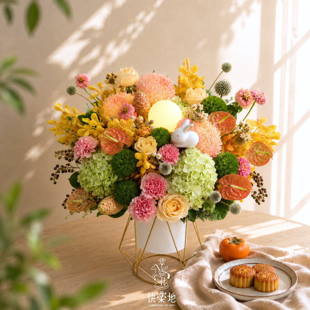 中秋節花盒,中秋送禮,中秋禮籃,中秋節禮籃,中秋節,禮盒,禮籃,永生花,月球燈,玉兔月球燈,月球燈永生花,中秋花禮,中秋節花禮