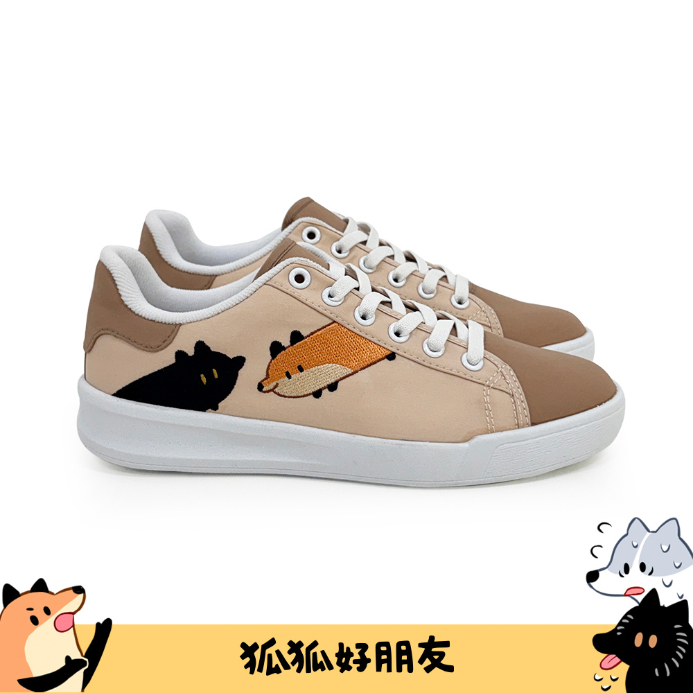 Paidal x狐狐好朋友 橘狐與黑狐探頭免綁帶休閒鞋不彎腰輕運動鞋-烏龍奶茶