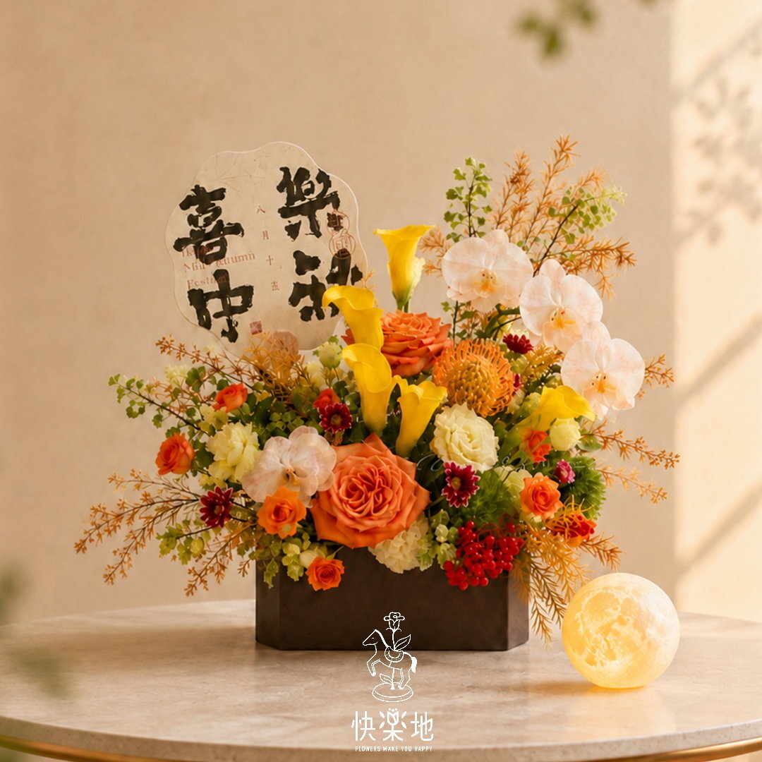 中秋節花盒,中秋送禮,中秋禮籃,中秋節禮籃,中秋節,禮盒,禮籃,月球燈,月球燈盆花,中秋花禮,中秋節花禮