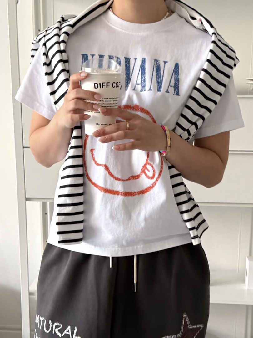 復古搖滾感★NIRVANA笑臉印花純棉短袖T恤