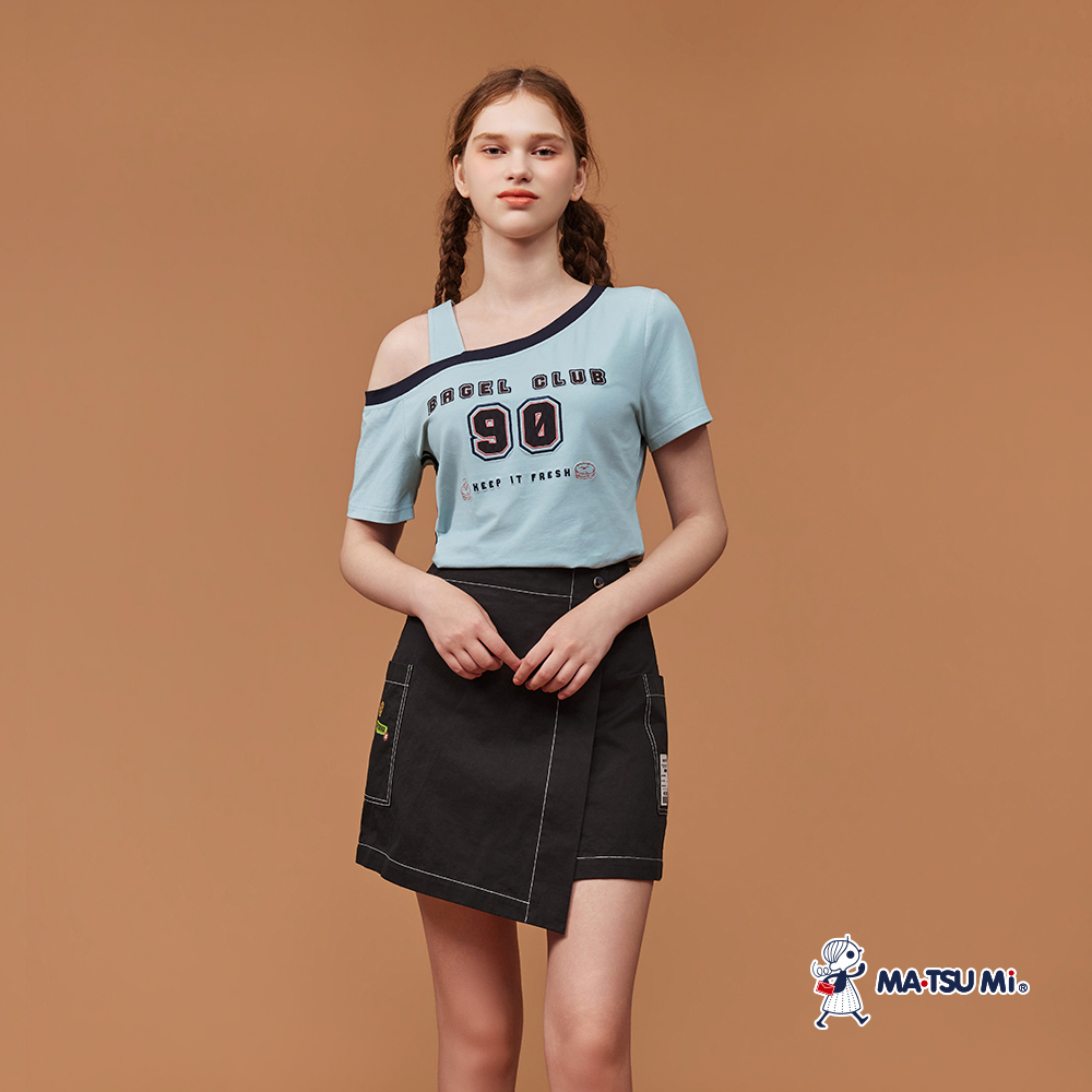 MA‧TSU Mi 美式復古風挖肩英文刺繡短版上衣(白.草綠)