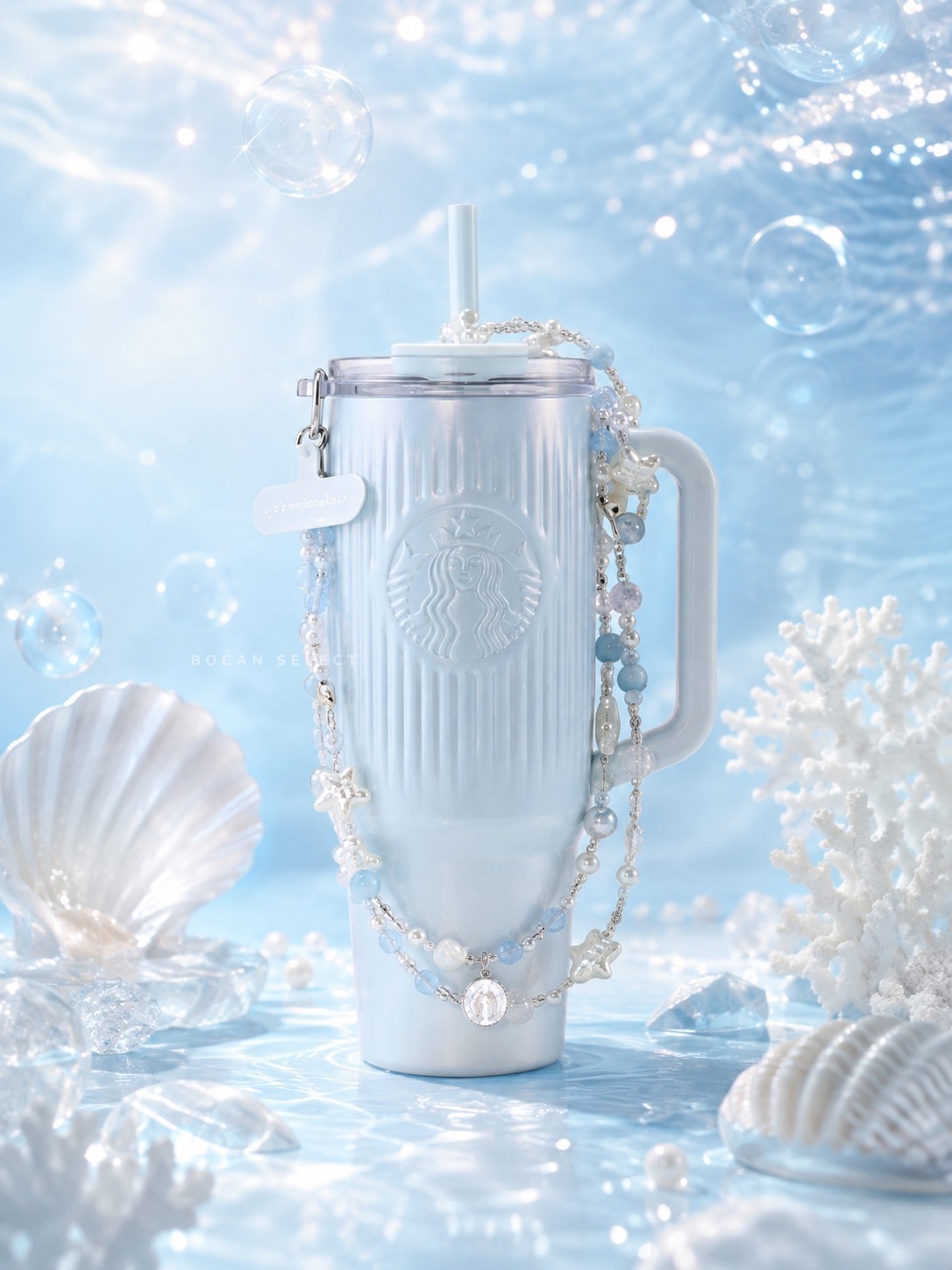 STARBUCKS 星巴克 冰晶珠光 配珍珠掛鏈 雙飲口 不鏽鋼 冰壩杯 910ML