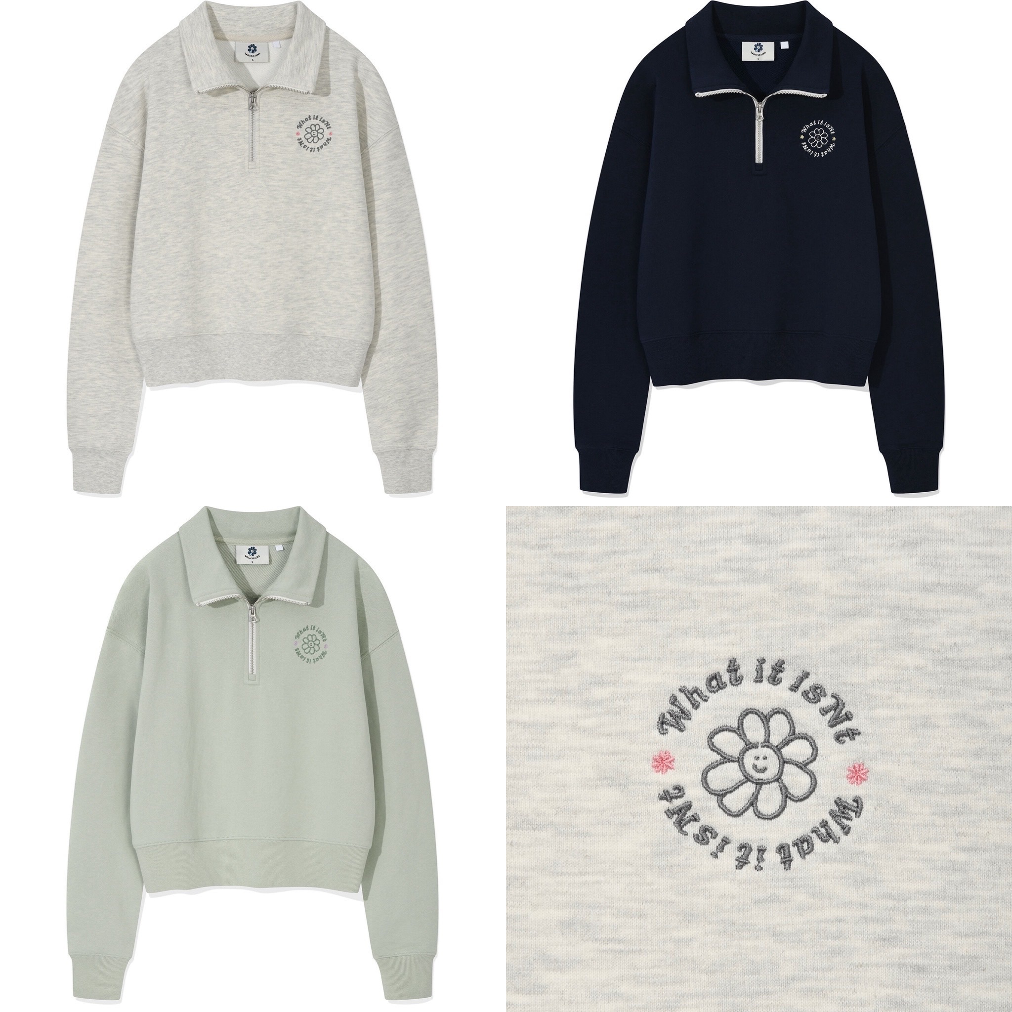 【30/8截單！限時優惠預訂】韓國 WHAT IT ISN'T WOMEN FLORY HALF ZIP-UP SWEATSHIRT（3色）
