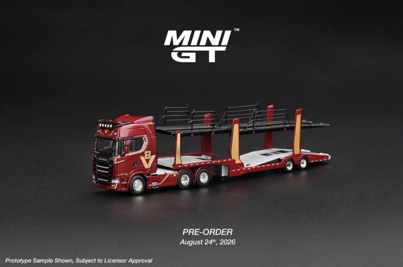 預訂Pre Order- MiniGT 1350 Scania 770S A6x4NA Car Transporter V8  50th anniversary + Car transporter Red