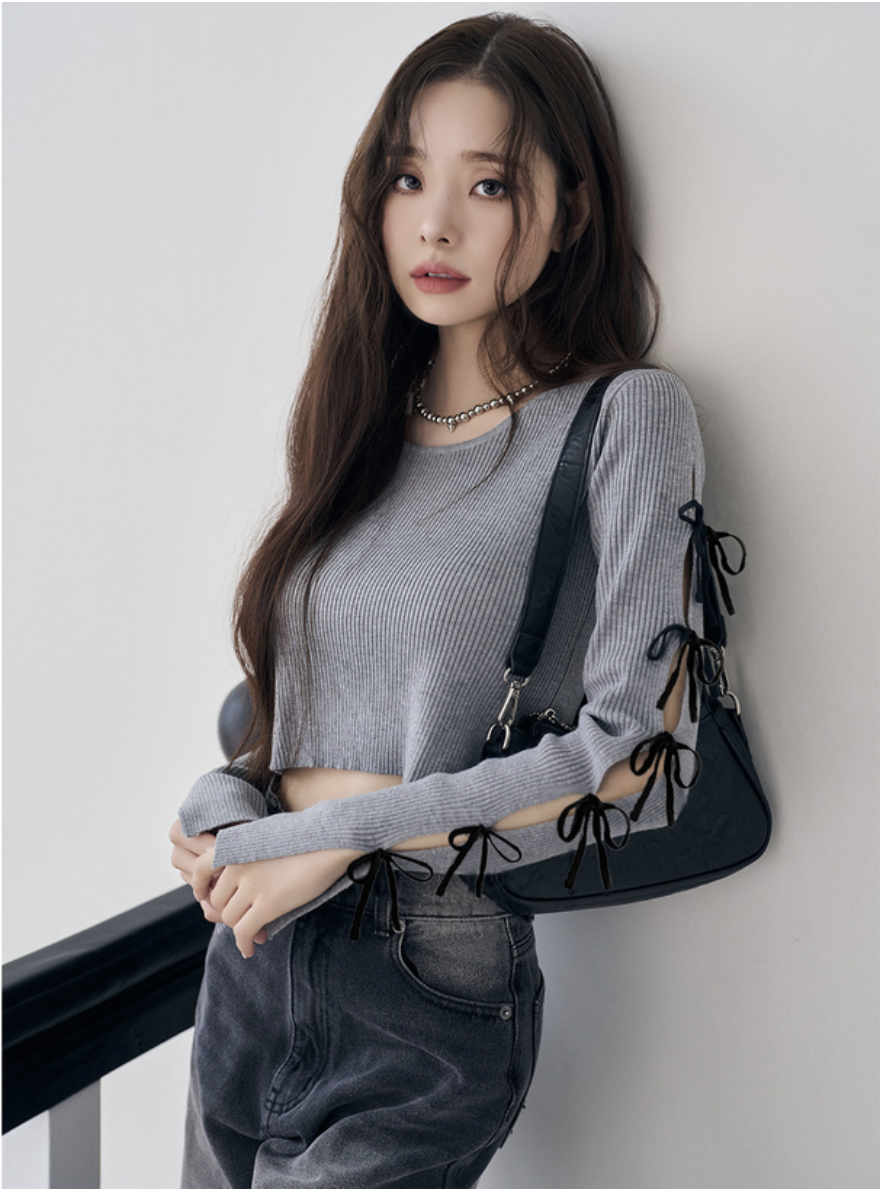 JP1291｜知性優美系📰🎧🤍 開衩蝴蝶結手袖針織短版長袖上衣