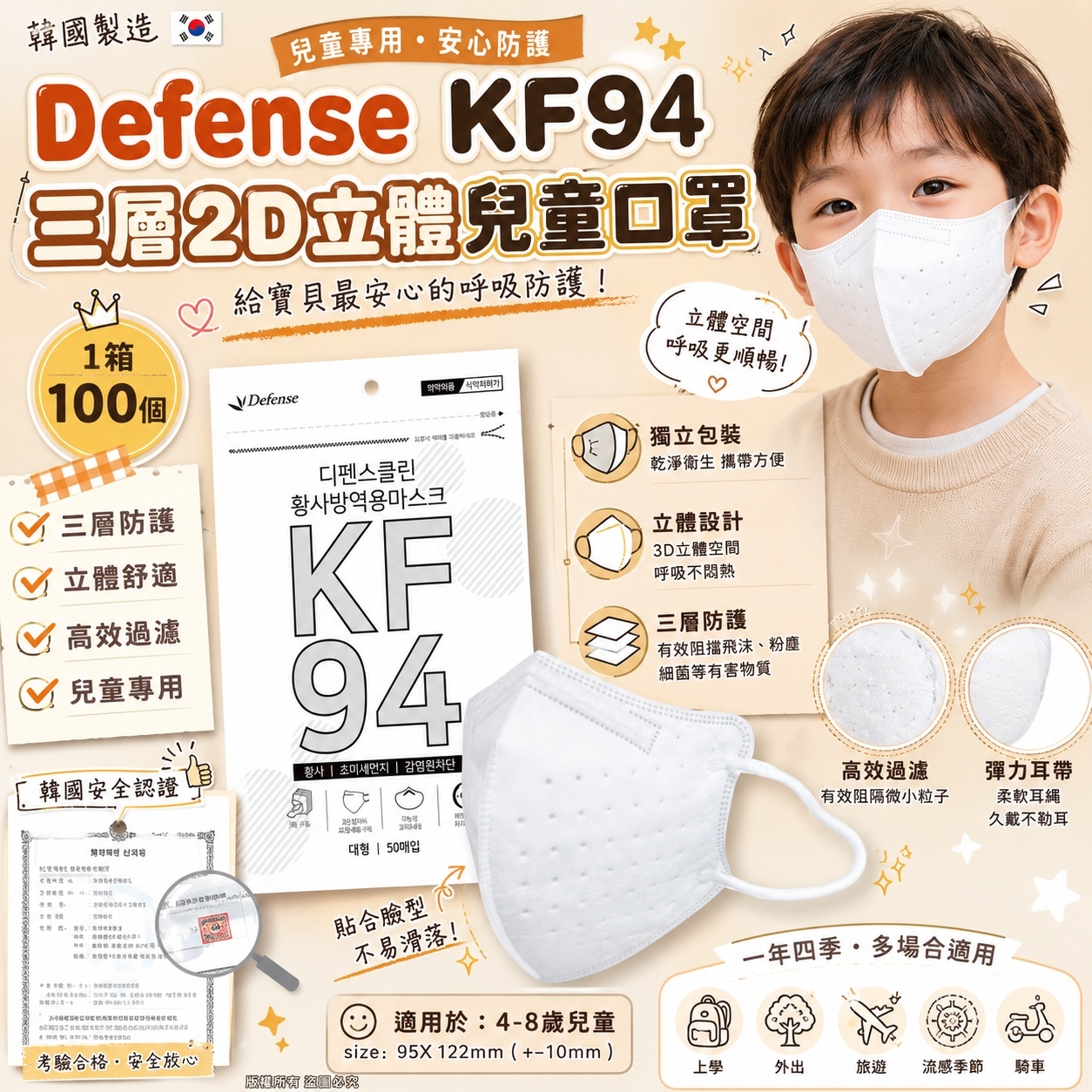 【預訂】AW082413 韓國 Defense KF94｜三層2D立體兒童口罩｜100個裝