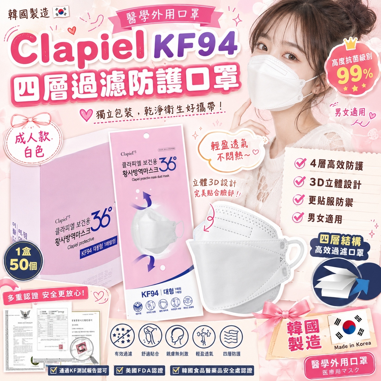 【預訂】AW082414 韓國 Clapiel KF94｜四層3D立體成人白色口罩｜50個裝
