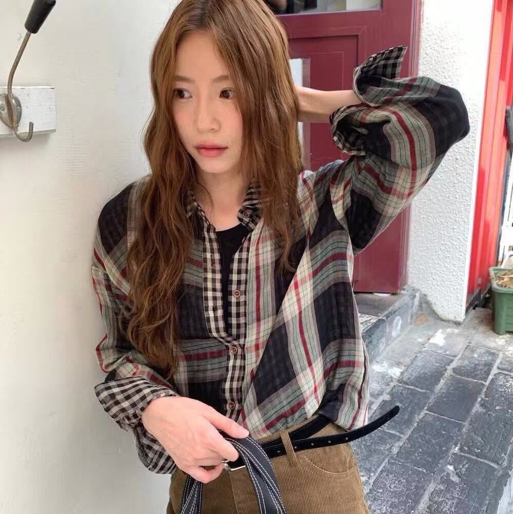 【質感小文青復古拼接格紋襯衫】（現貨）