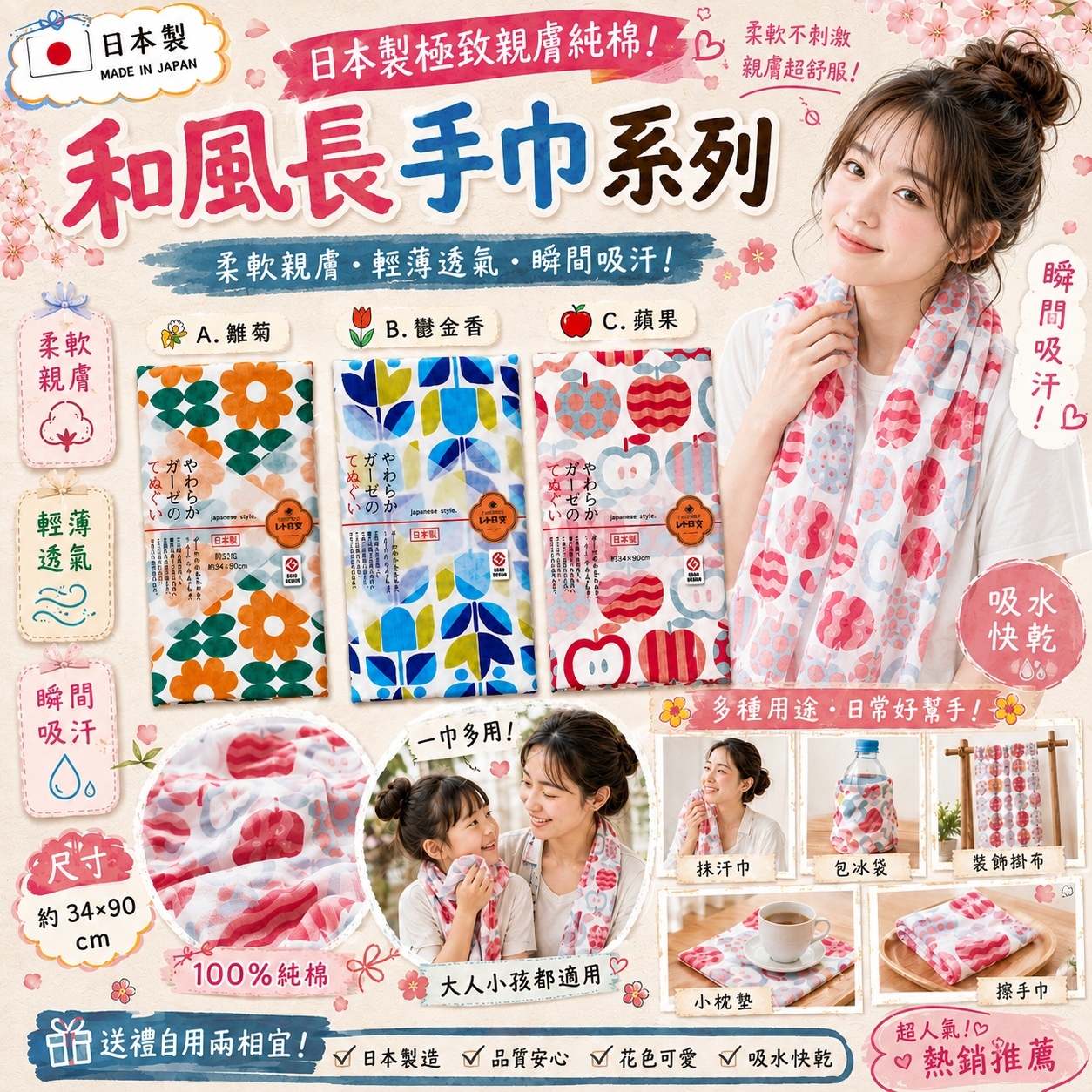 【預訂】AW082418 日本製｜極致親膚純棉和風長手巾｜34×90cm