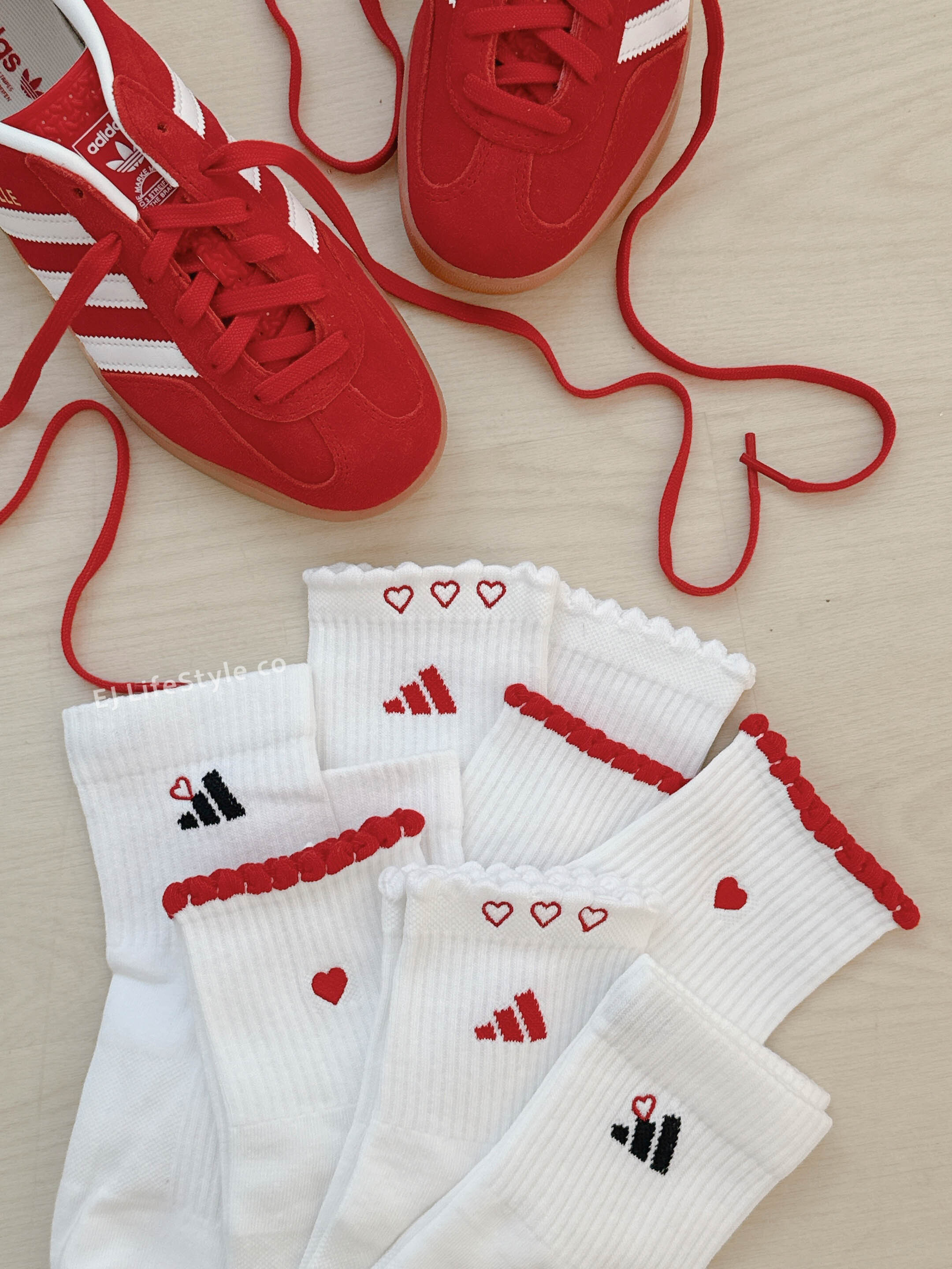 ADIDAS 刺繡愛心 短襪 紅白 腳踝襪 襪子 中筒襪 三入一組 KQ5946 / 現貨