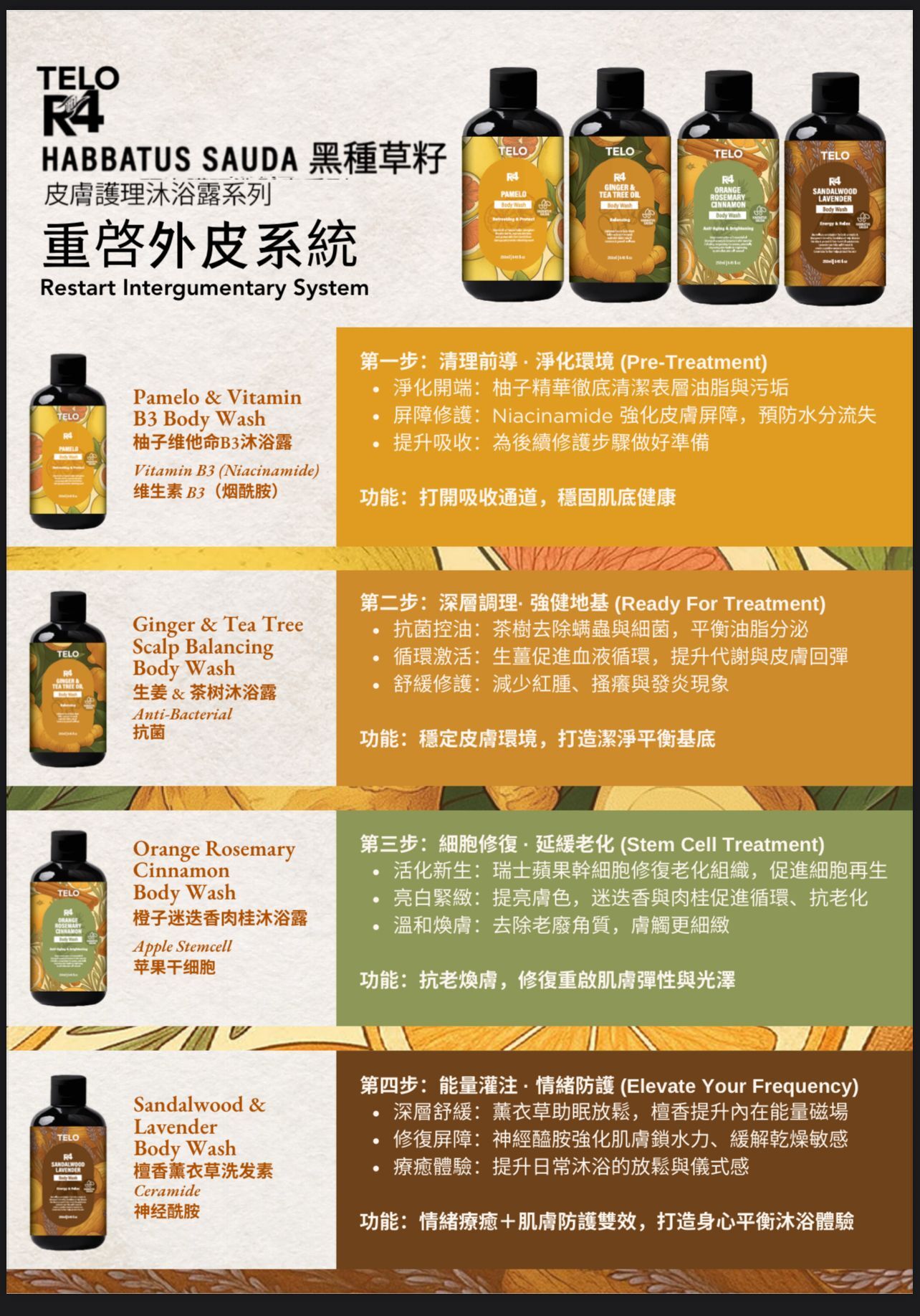 MCT Telo R4能量抗氧化沐浴露系列 SET(共4款各一)