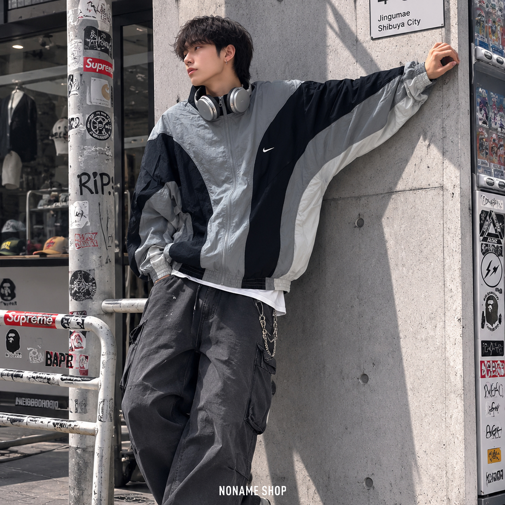 NIKE DRI-FIT 梭織 網眼 撞色 拼接 復古 立領 外套 黑灰 (男款)
