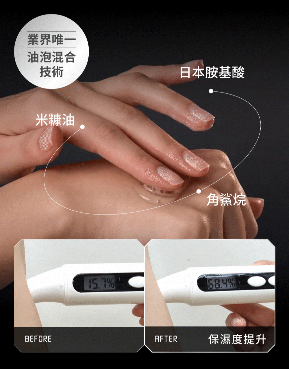 還有日本胺基酸、角鯊烷和米糠油，6倍柔嫩保濕