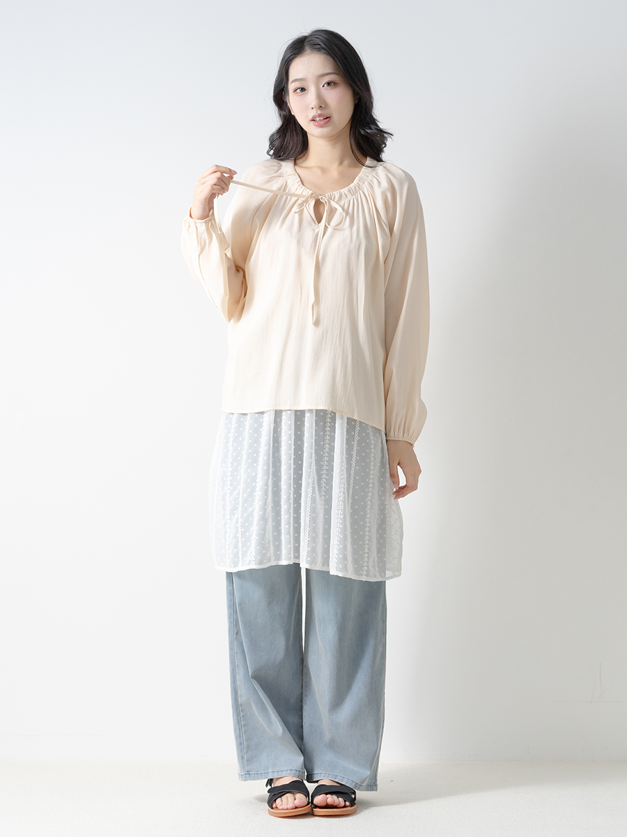 透視點點緹花背心微透防曬罩衫天絲棉寬褲組合