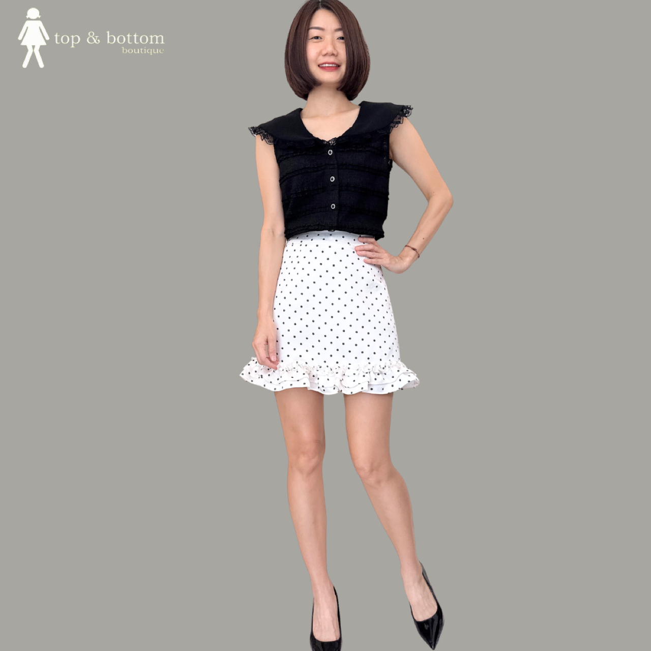 HIGH WAISTED SATIN POLKA DOT RUFFLED HEM SKIRT
