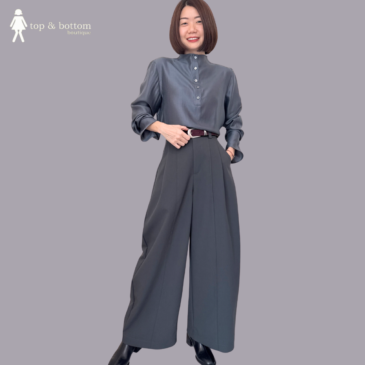 LONG SLEEVE SILK HIGH NECK BUTTON FRONT BLOUSE