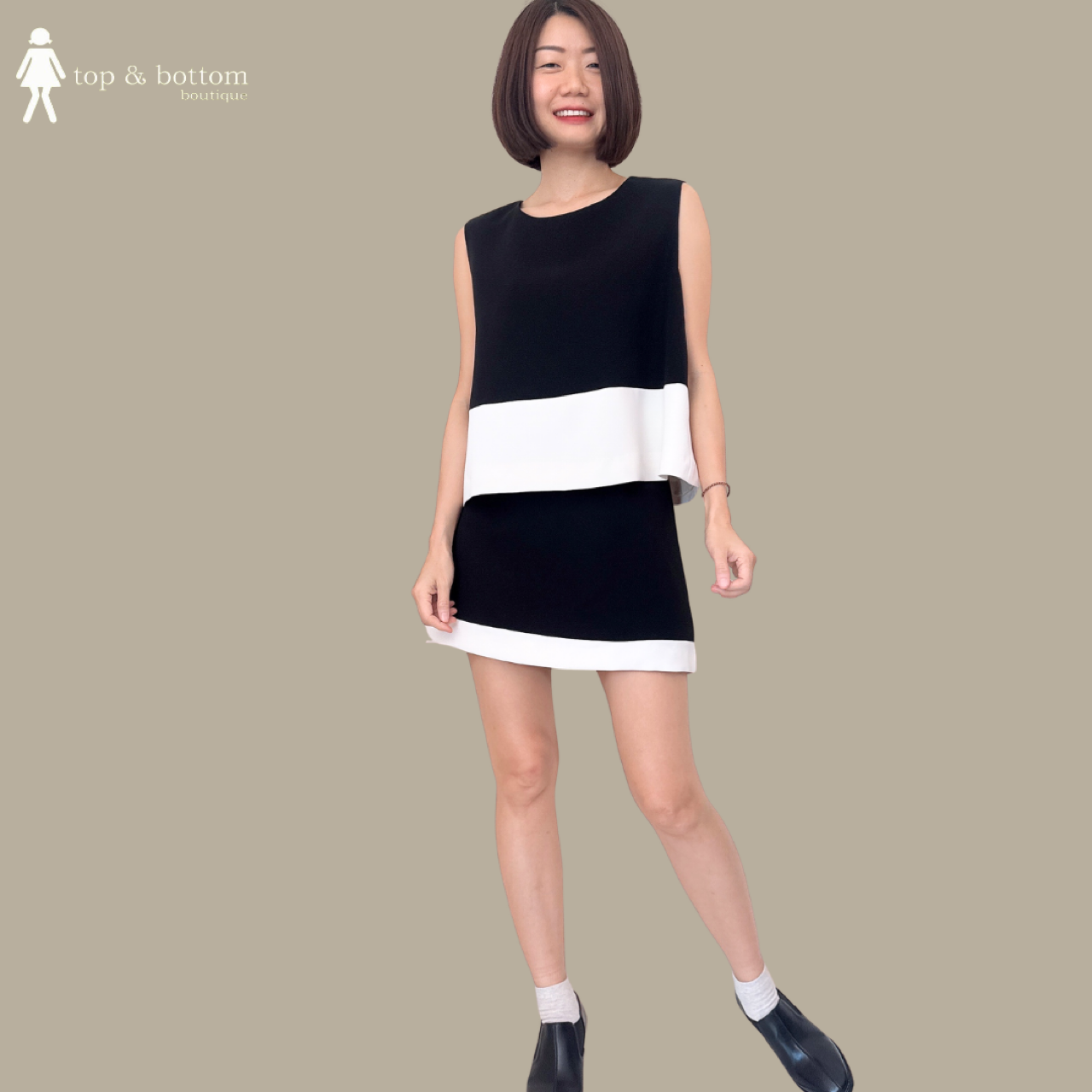 SLEEVELESS TWO TONE BLOUSE & SKIRT SET SUIT (2PCS)