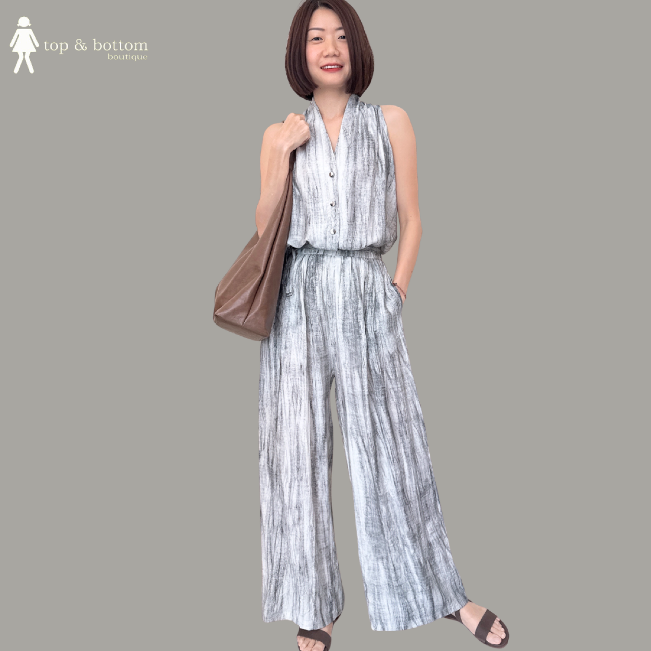 SLEEVELESS PRINTED BLOUSE & FLARE LONG PANT SET SUIT (2PCS)