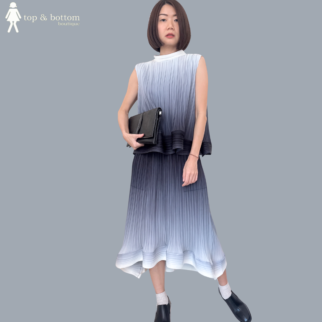 SLEEVELESS PLEATED FADING TONE BLOUSE & SKIRT SET SUIT (2PCS)