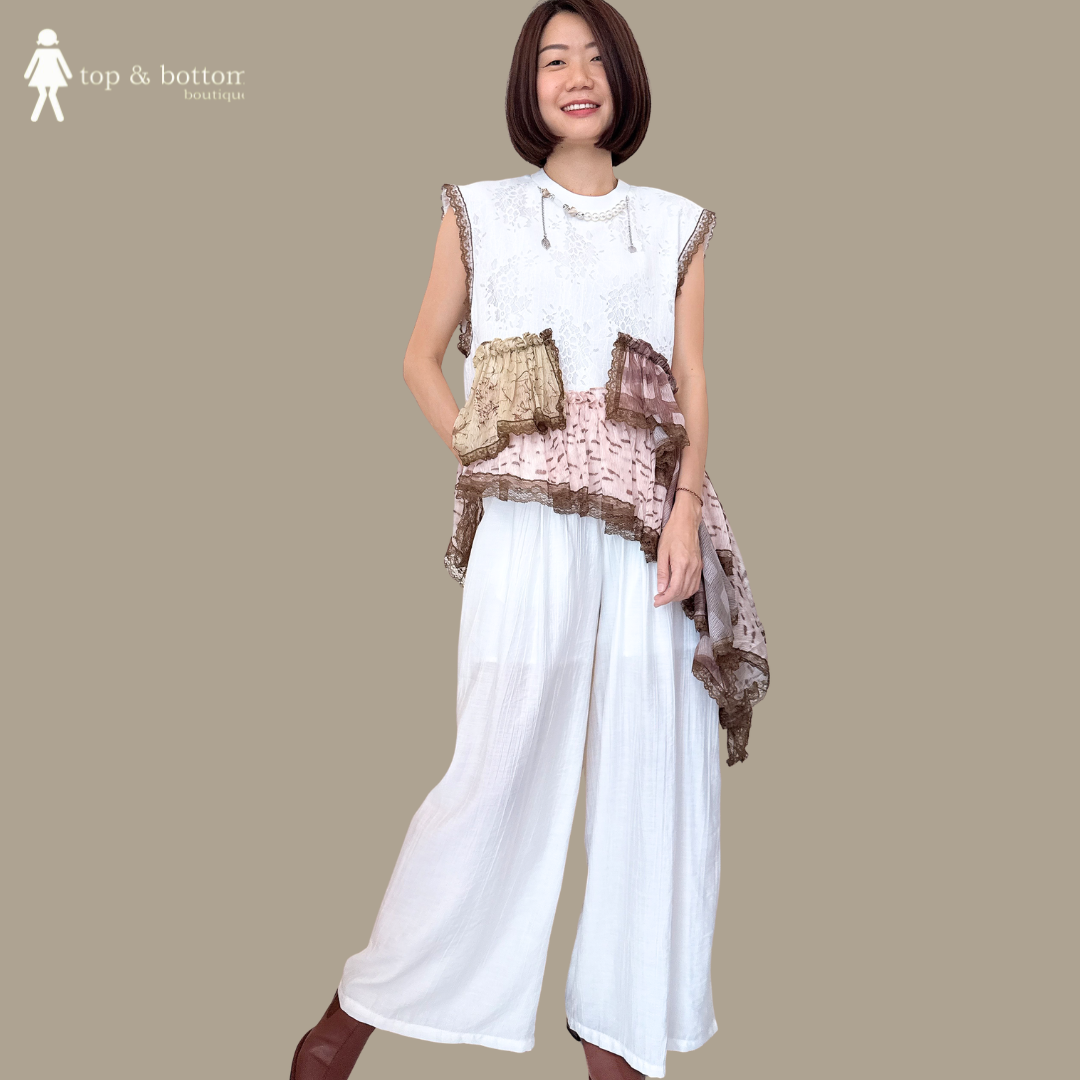 SLEEVELESS LACE LONG BLOUSE WITH CHIFFON LEOPARD PRINTED HEM