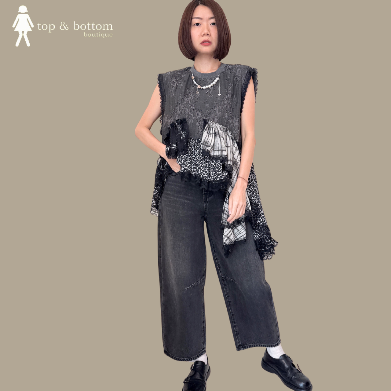 SLEEVELESS LACE LONG BLOUSE WITH CHIFFON LEOPARD PRINTED HEM