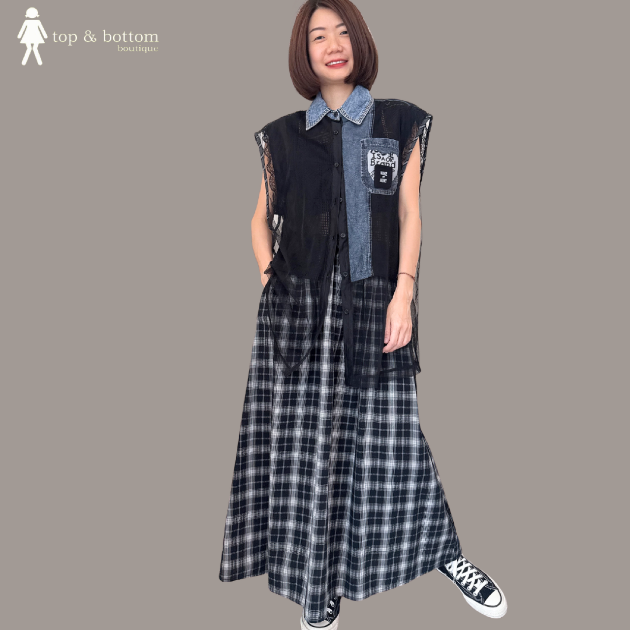 ELASTIC WAISTED CHECKED MIDI SKIRT WITH POCKET