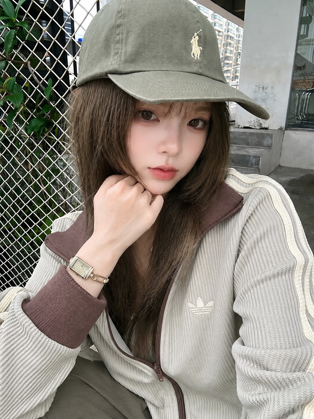 ADIDAS ORIGINALS華夫格 淺抹茶咖啡 雙拉鍊外套 男女同款