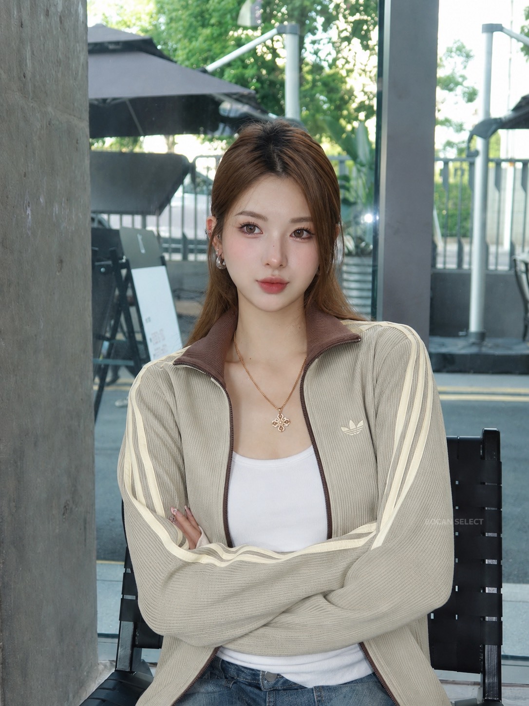 ADIDAS ORIGINALS華夫格 淺抹茶咖啡 雙拉鍊外套 男女同款