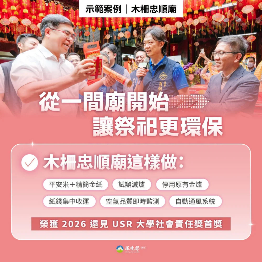 木柵忠順廟推動平安米、精簡金紙、減爐及紙錢集中收運的環保祭祀示範案例