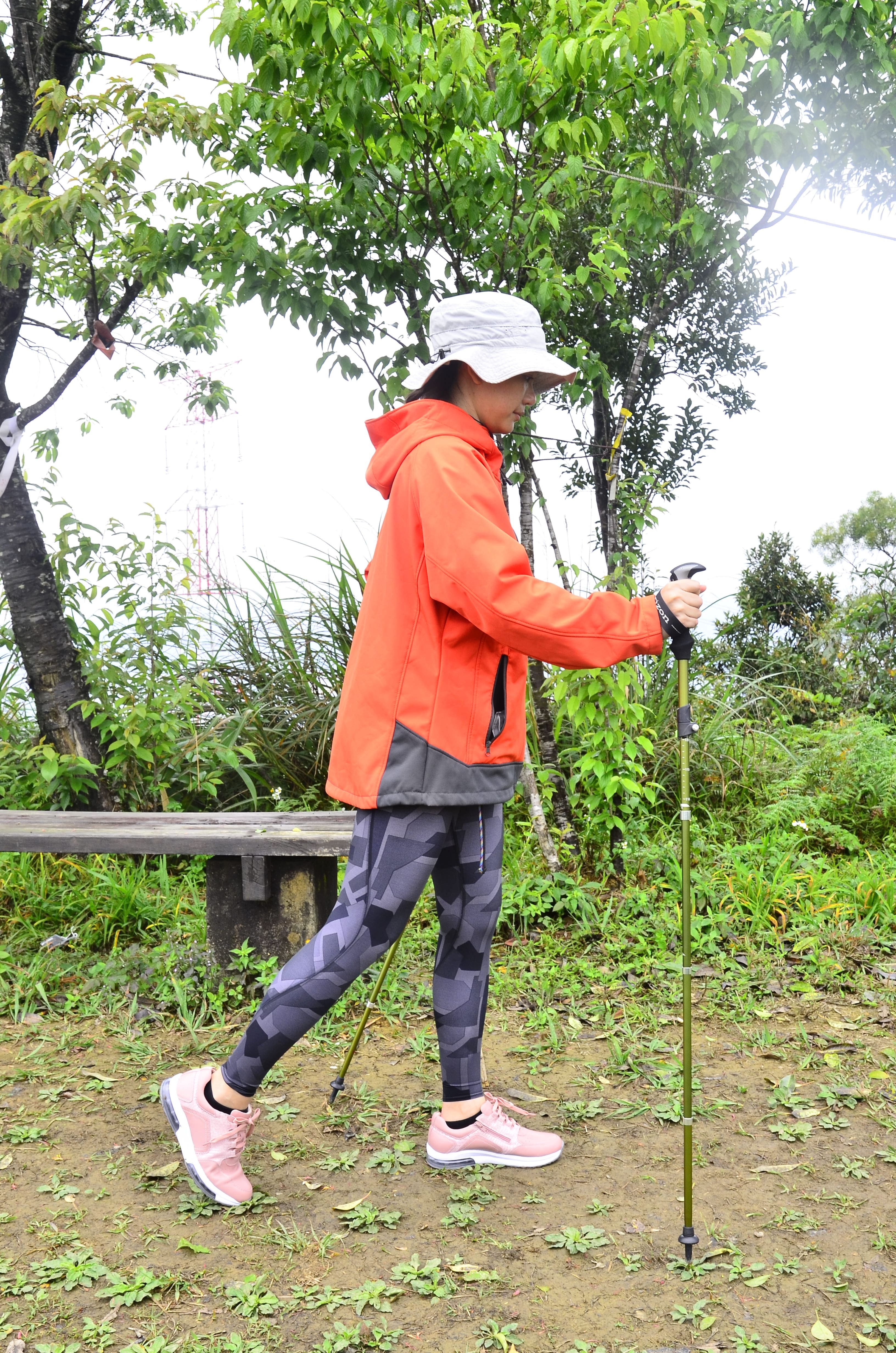 行走時，雙手在身體側邊自由擺動並用登山杖往後推施力，使身體朝前方推進。