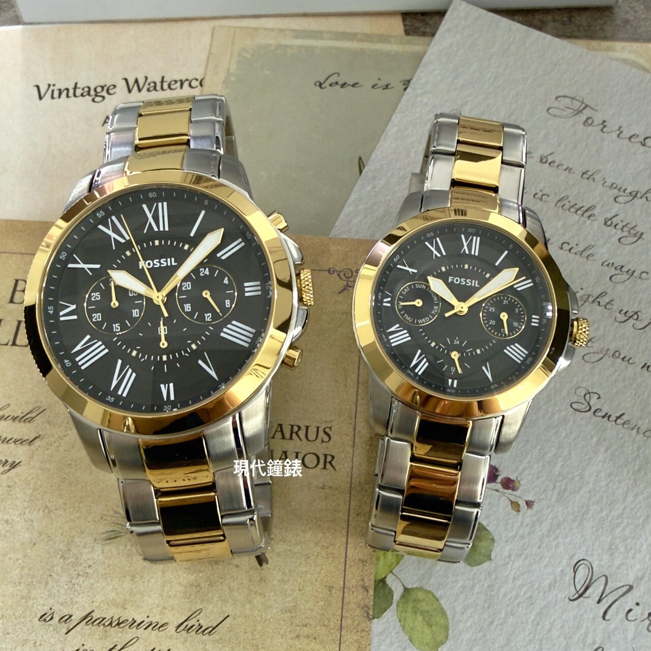 【FOSSIL】Grant 圓形雙色殼黑面羅馬字三眼對錶禮盒組FS6202SET 42/38mm 現代鐘錶