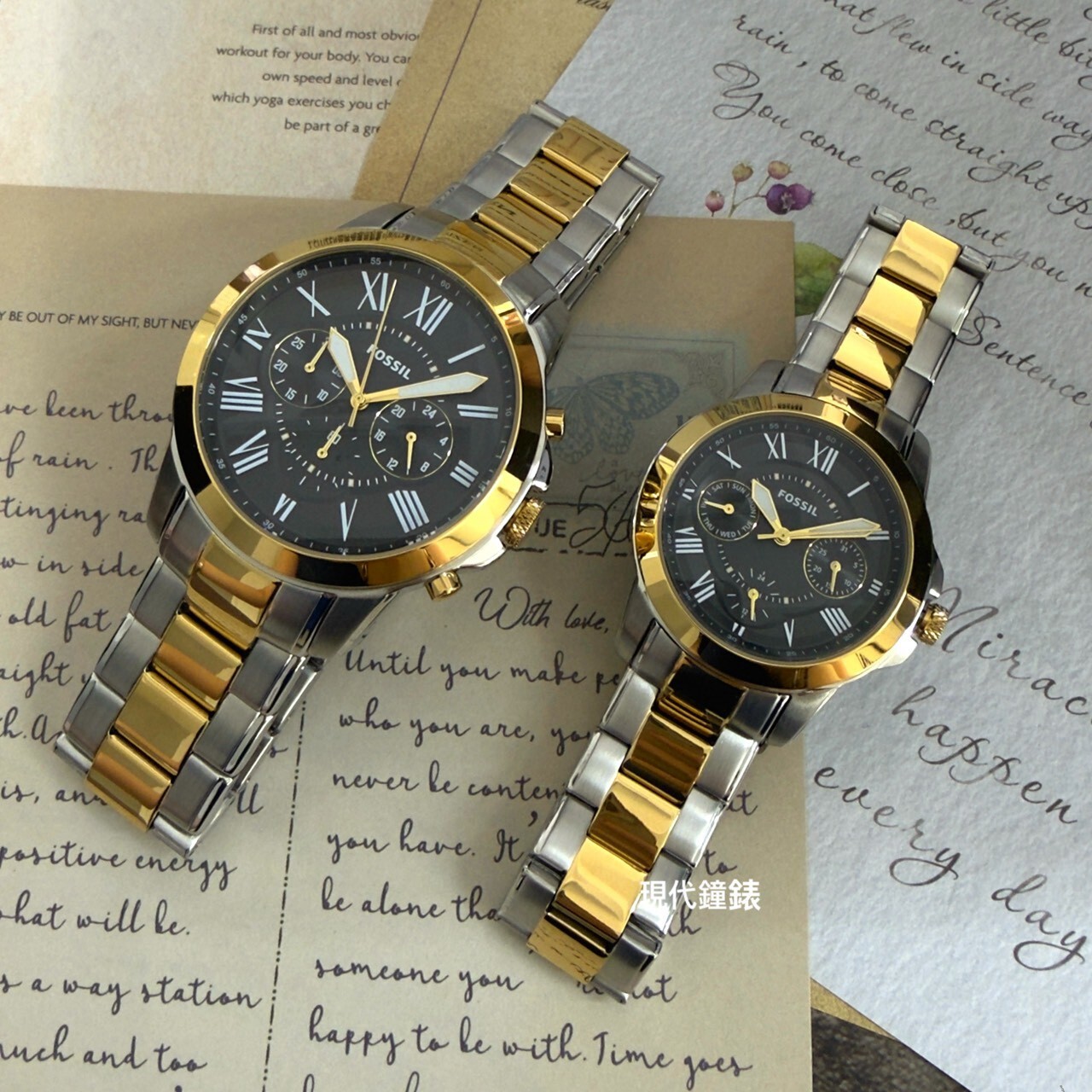 【FOSSIL】Grant 圓形雙色殼黑面羅馬字三眼對錶禮盒組FS6202SET 42/38mm 現代鐘錶