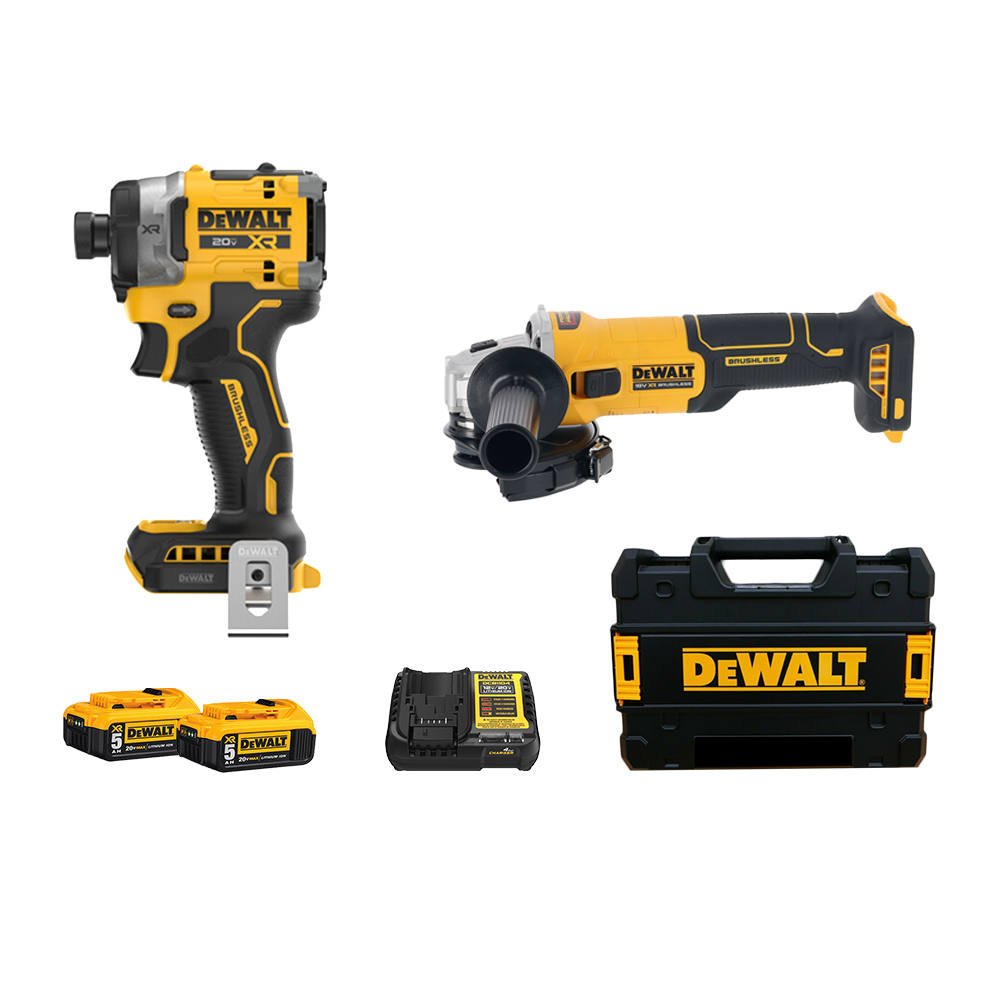 DEWALT 得偉 美國｜20V DCF860 + DCG407 充電起子機 無刷砂輪機 4" 雙機組 雙電5.0Ah｜DW-DCK2150P2T｜公司貨