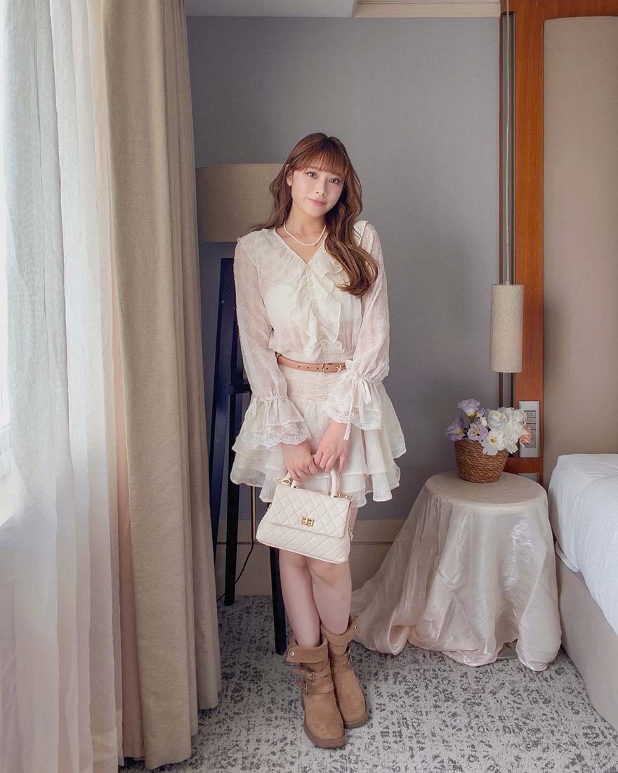 LINA LINA浪漫赴約立體波點荷葉蕾絲格紋洋裝-唯美杏
