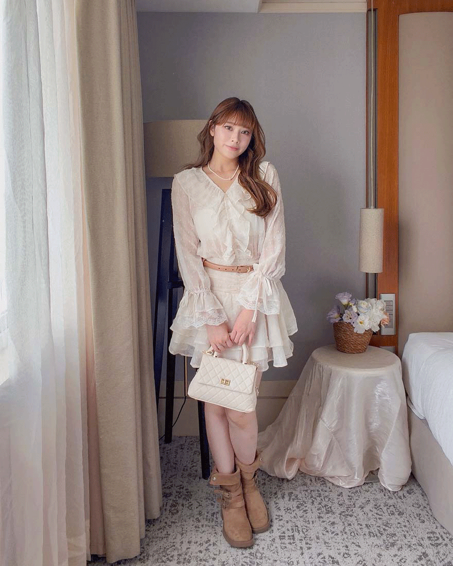 LINA LINA浪漫赴約立體波點荷葉蕾絲格紋洋裝-唯美杏
