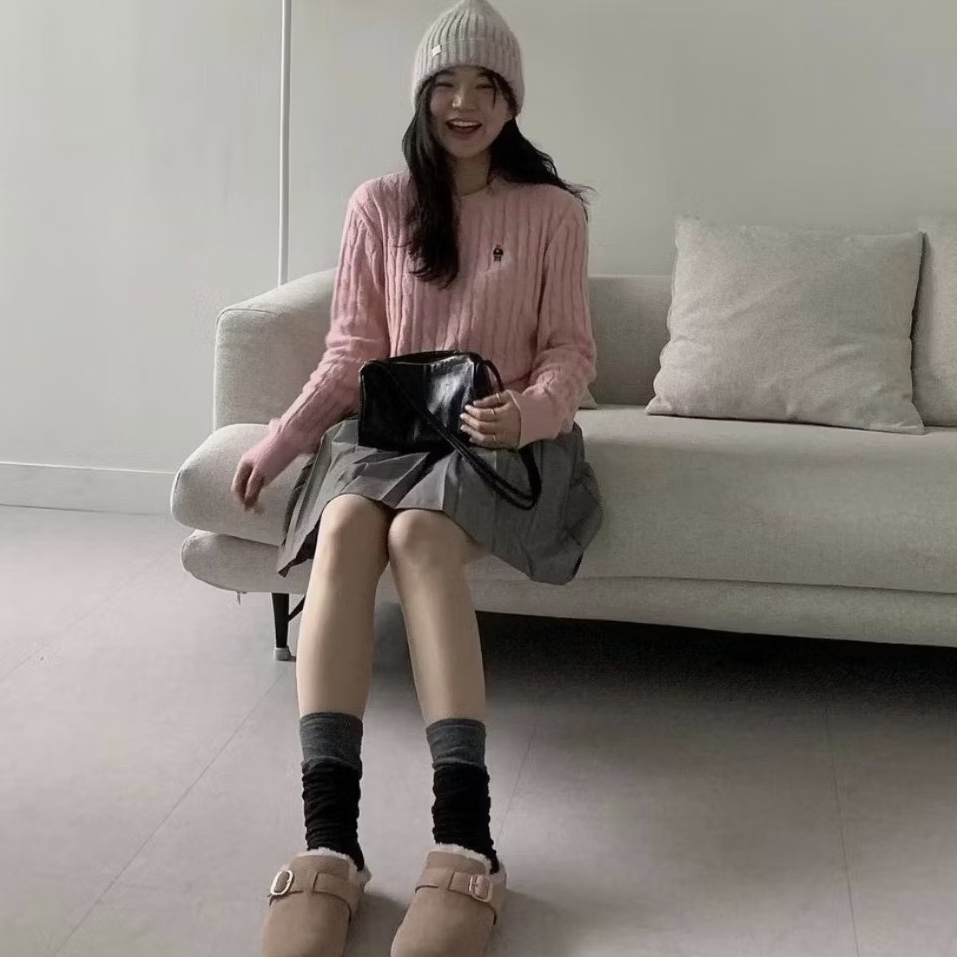 🇰🇷 WHO.A.U 🇰🇷 針織 毛衣 短版 貼身 冬天 長袖 灰 淡粉 / 現貨