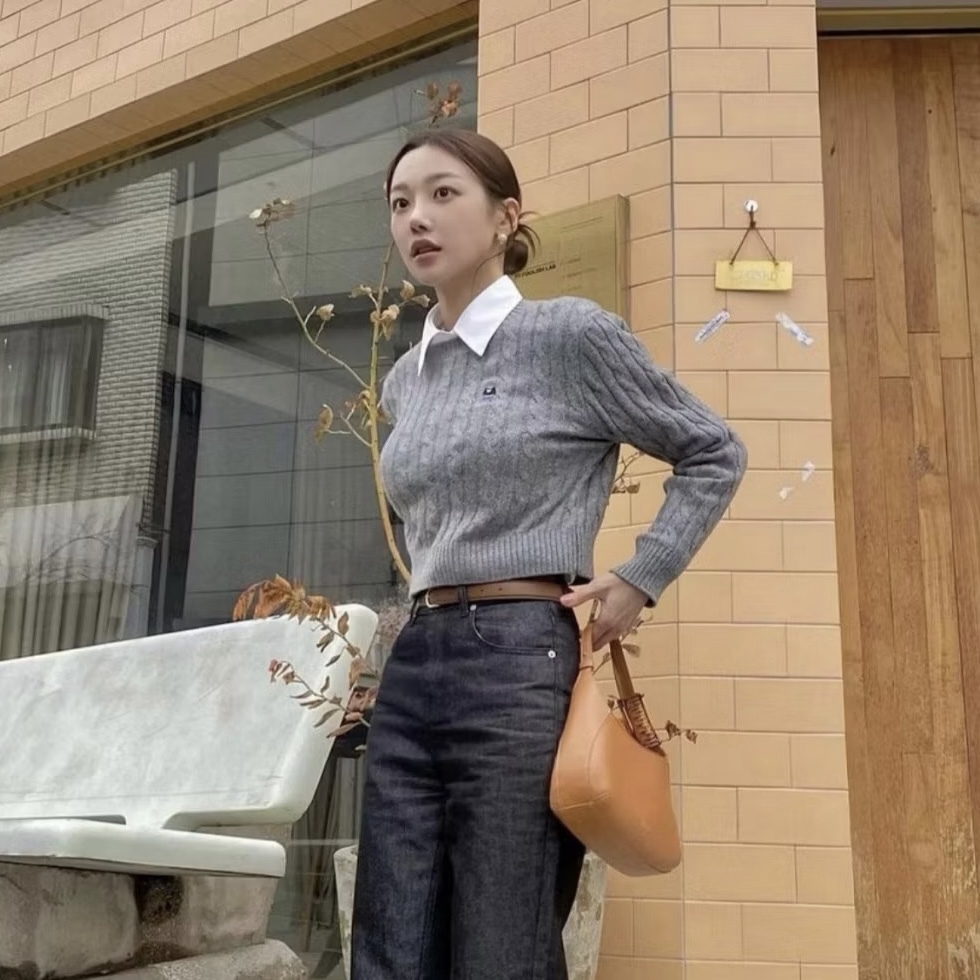 🇰🇷 WHO.A.U 🇰🇷 針織 毛衣 短版 貼身 冬天 長袖 灰 淡粉 / 現貨